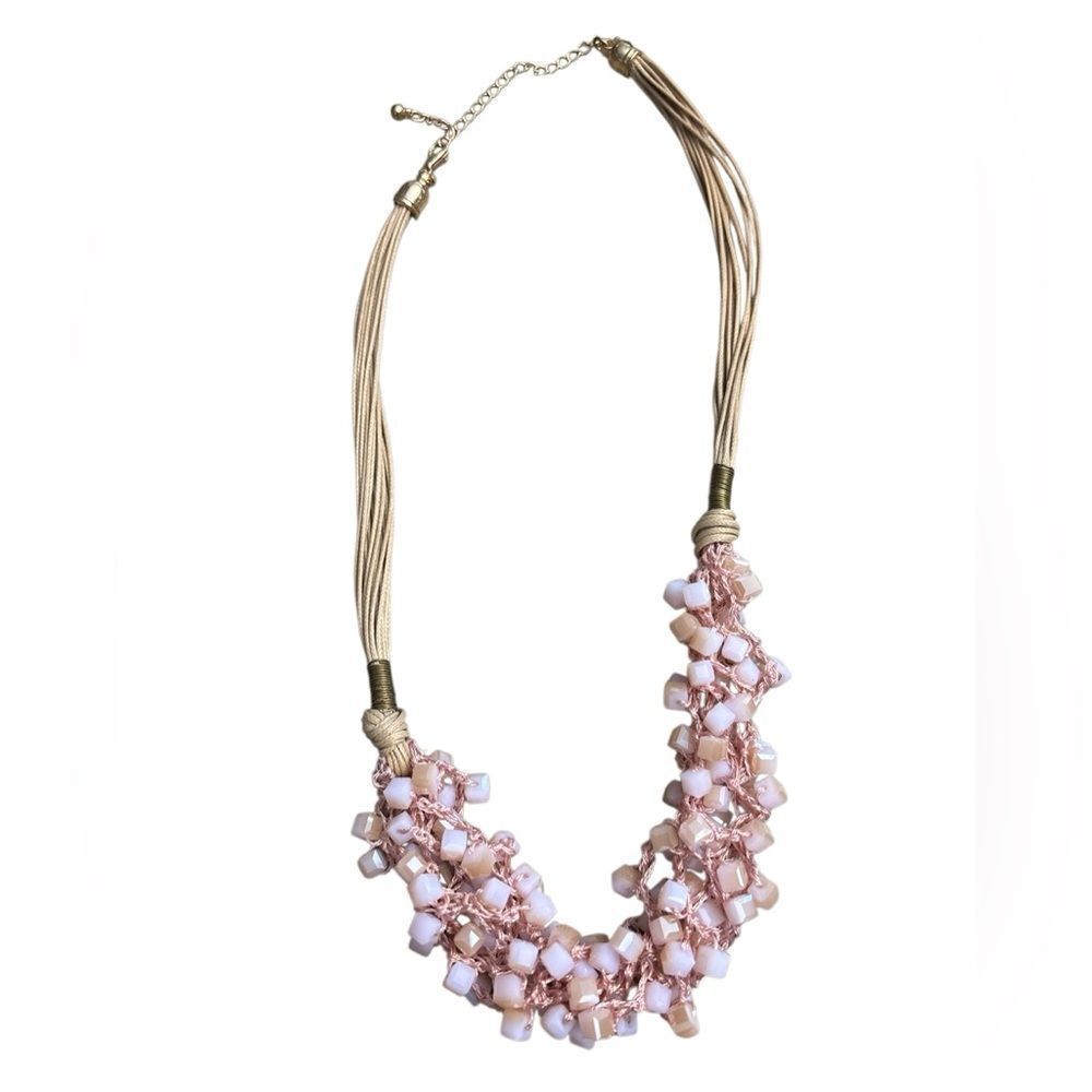 Blush Pink Beaded Statement Necklace Rose Crochet Adjustable 24”